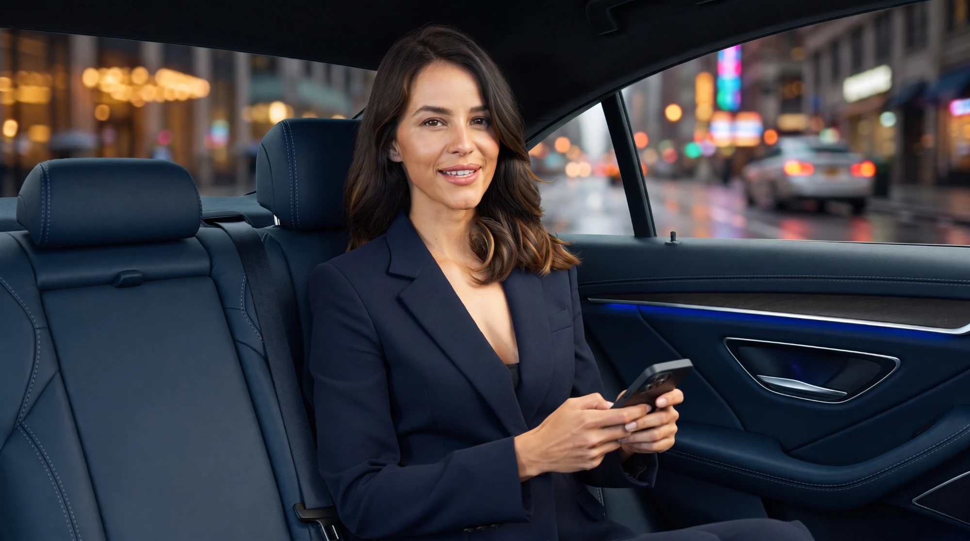 Ejecutiva revisando su teléfono en el asiento trasero de un auto